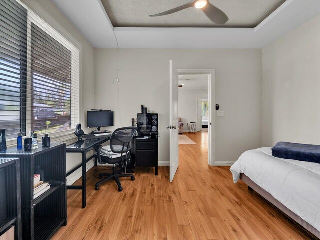 16-2069 Leilani Dr, Pahoa, HI 96778 - bedroom featuring a raised ceiling, light wood-style flooring, multiple windows, and an office area