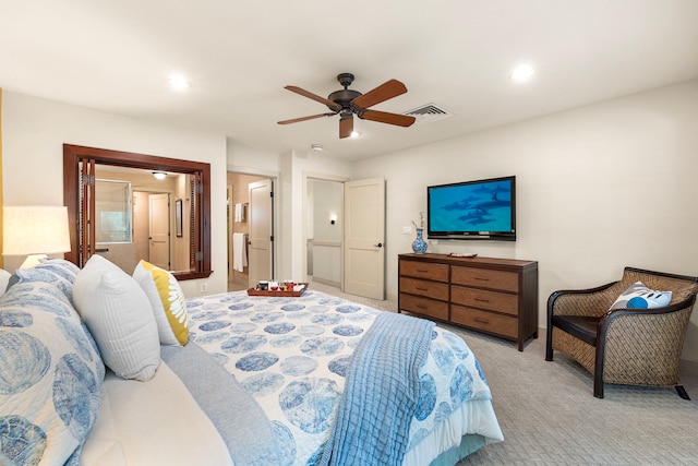 69-1033 Nawahine Pl Unit 1G, Waikoloa, HI 96738 - bedroom featuring light colored carpet, recessed lighting, ceiling fan, and ensuite bathroom
