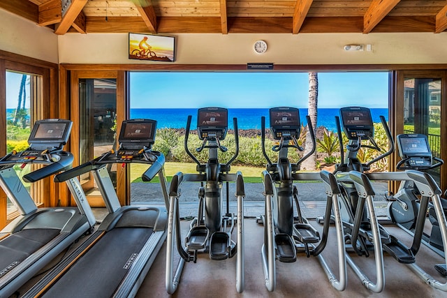 69-1033 Nawahine Pl Unit 1G, Waikoloa, HI 96738 - workout area featuring wooden ceiling with exposed beams