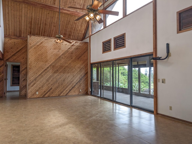 94-1790 Kaulua St, Naalehu, HI 96772 - unfurnished living room with high vaulted ceiling, a ceiling fan, wooden walls, and a wooden ceiling with exposed beams
