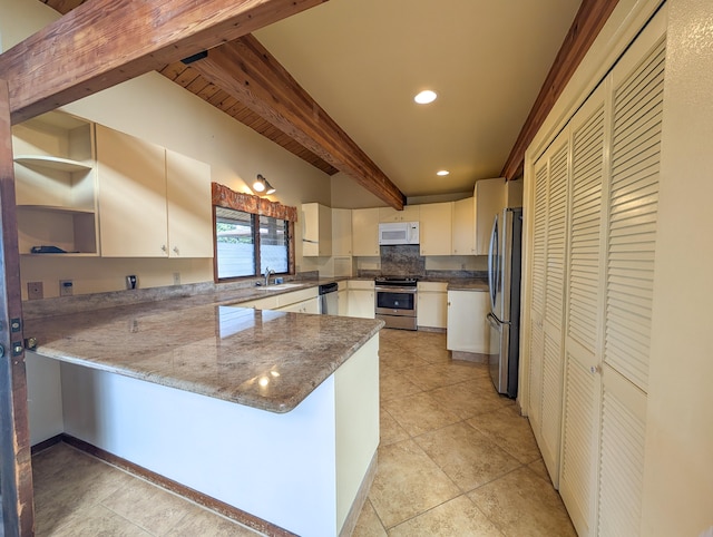 94-1790 Kaulua St, Naalehu, HI 96772 - kitchen with appliances with stainless steel finishes, a peninsula, beam ceiling, stone countertops, and open shelves