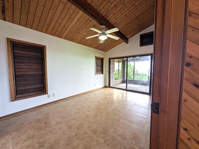 94-1790 Kaulua St, Naalehu, HI 96772 - unfurnished room with a wooden ceiling with exposed beams, ceiling fan, and high vaulted ceiling
