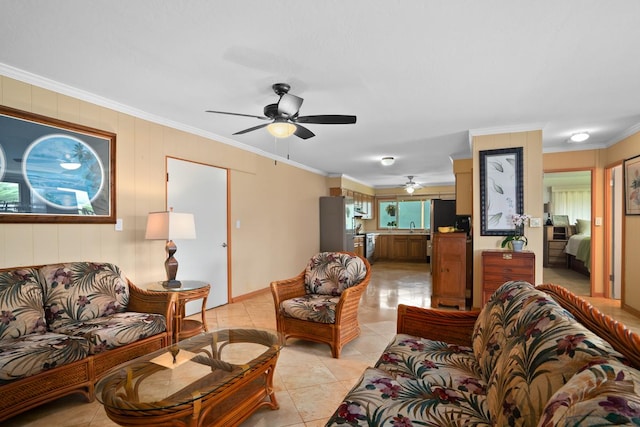 3875 Gallo Pl, Kalaheo, HI 96741 - living room featuring a ceiling fan, crown molding, light tile patterned floors, and baseboards