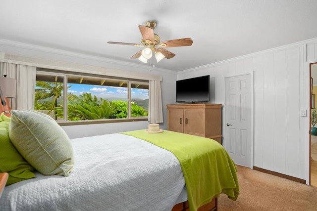 3875 Gallo Pl, Kalaheo, HI 96741 - bedroom with light carpet, crown molding, ceiling fan, and baseboards