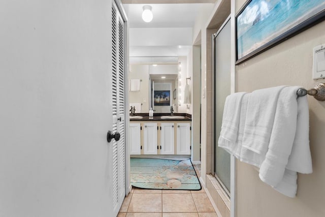 75-6082 Alii Dr # B333, Kailua-Kona, HI 96740 - bathroom featuring a stall shower, double vanity, and tile patterned floors