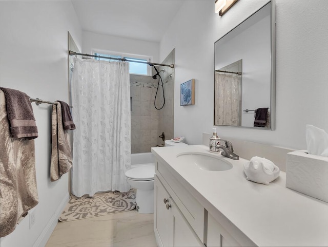 75-6009 Alii Dr Unit H2, Kailua-Kona, HI 96740 - bathroom featuring vanity, shower / bath combination with curtain, toilet, and marble look tile flooring