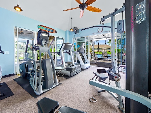 75-6009 Alii Dr Unit H2, Kailua-Kona, HI 96740 - exercise room with a ceiling fan, vaulted ceiling, and carpet