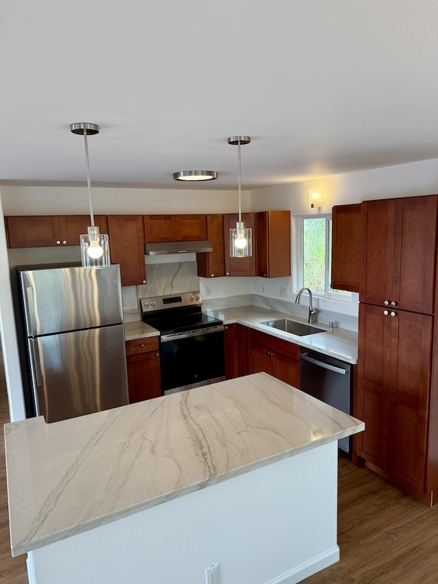 16-2095 King Kamehameha Blvd, Pahoa, HI 96778 - kitchen with stainless steel appliances, a sink, under cabinet range hood, wood finished floors, and decorative light fixtures