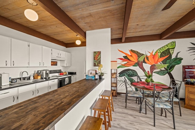 76-6246 Alii Dr Unit 343, Kailua-Kona, HI 96740 - kitchen with electric range, a sink, wooden ceiling with exposed beams, light wood-style flooring, and butcher block countertops