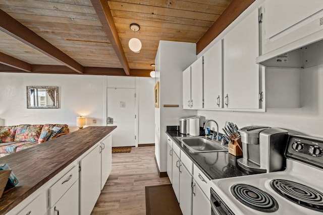 76-6246 Alii Dr Unit 343, Kailua-Kona, HI 96740 - kitchen featuring white electric stove, wooden ceiling with exposed beams, white cabinetry, and light wood-style floors