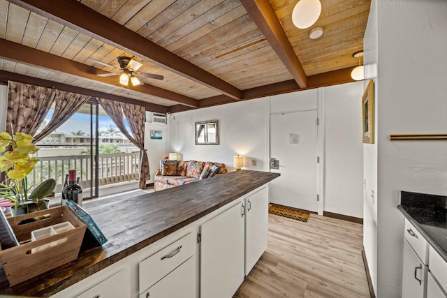 76-6246 Alii Dr Unit 343, Kailua-Kona, HI 96740 - kitchen with wood ceiling with exposed beams, butcher block counters, light wood finished floors, white cabinets, and ceiling fan