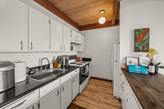 76-6246 Alii Dr Unit 343, Kailua-Kona, HI 96740 - kitchen featuring electric stove, a sink, under cabinet range hood, wood ceiling, and freestanding refrigerator