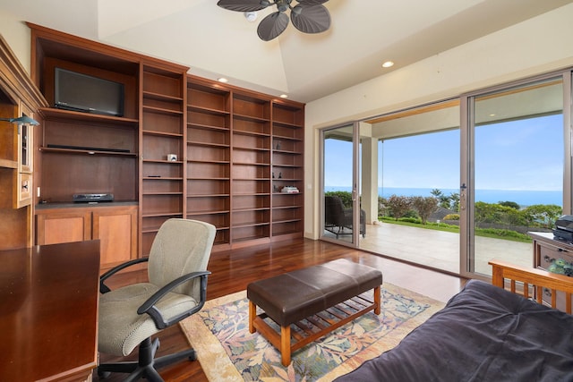 73-1138 Hamo St, Kailua-Kona, HI 96740 - home office with ceiling fan, wood finished floors, recessed lighting, lofted ceiling, and built in shelves