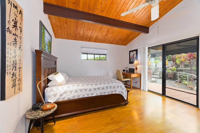 73-4327 Oneone St, Kailua-Kona, HI 96740 - bedroom with access to outside, wood finished floors, wood ceiling, and ceiling fan