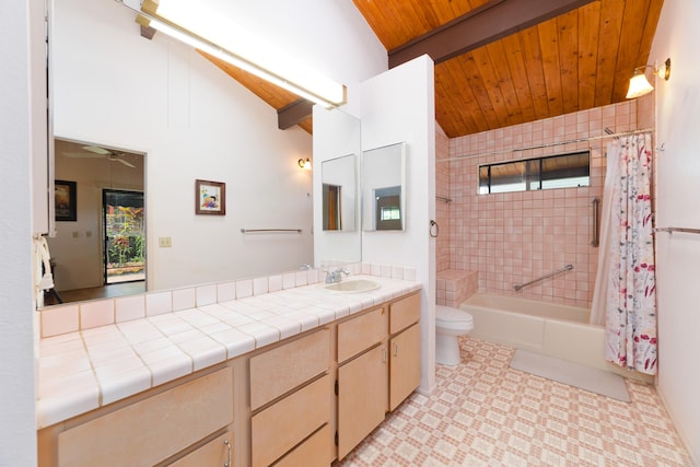 73-4327 Oneone St, Kailua-Kona, HI 96740 - bathroom with vanity, wooden ceiling, shower / bath combo, and a ceiling fan