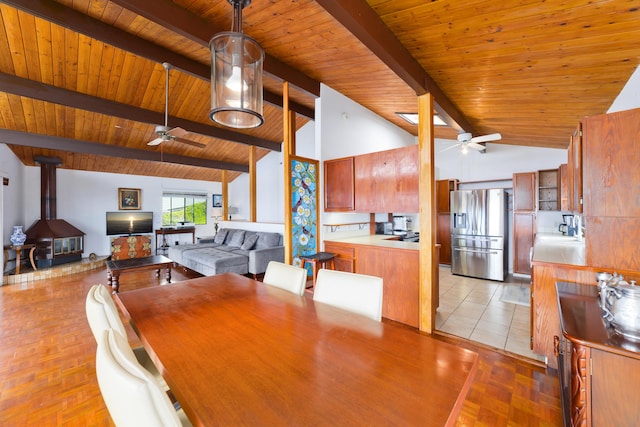 73-4327 Oneone St, Kailua-Kona, HI 96740 - dining area with a ceiling fan, a wood stove, a wood ceiling with exposed beams, and high vaulted ceiling