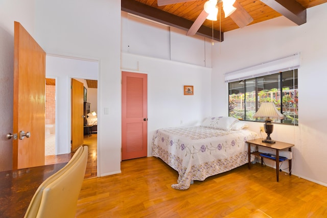 73-4327 Oneone St, Kailua-Kona, HI 96740 - bedroom with a wooden ceiling with exposed beams, wood finished floors, and a towering ceiling