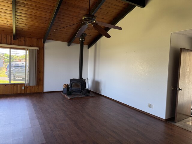 1572 Kaupili Pl, Hilo, HI 96720 - unfurnished living room featuring a ceiling fan, a wood stove, wood ceiling, wood finished floors, and baseboards