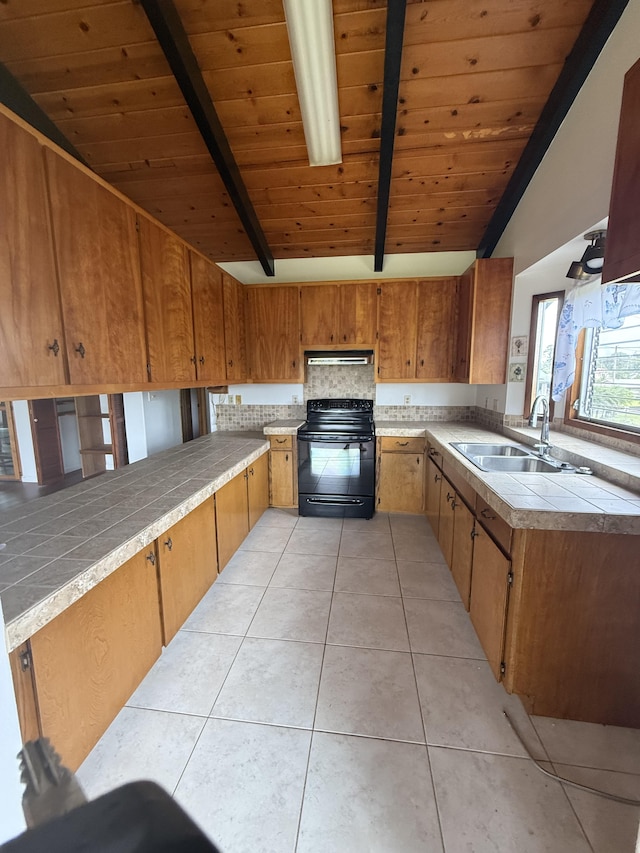1572 Kaupili Pl, Hilo, HI 96720 - kitchen featuring black range with electric cooktop, a sink, decorative backsplash, light tile patterned flooring, and range hood