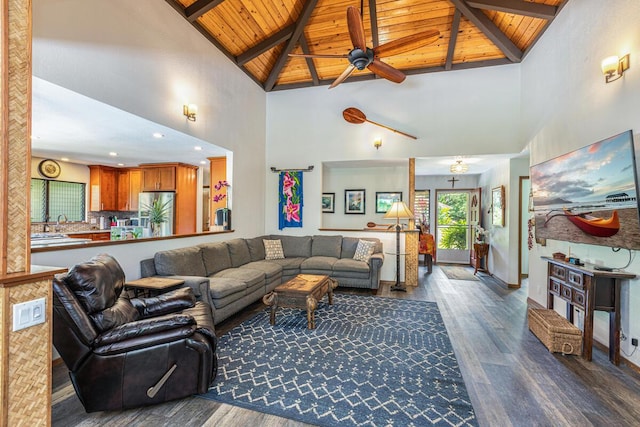 4030 Pauahi Pl, Princeville, HI 96722 - living area featuring wooden ceiling with exposed beams, ceiling fan, dark wood finished floors, high vaulted ceiling, and recessed lighting
