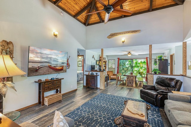 4030 Pauahi Pl, Princeville, HI 96722 - living room with a ceiling fan, wooden ceiling with exposed beams, wood finished floors, high vaulted ceiling, and baseboards