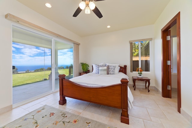 73-4558 Kukuki St, Kailua-Kona, HI 96740 - bedroom featuring access to exterior, a water view, recessed lighting, light tile patterned floors, and a ceiling fan