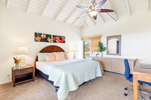 1565 Pee Rd Unit 221, Koloa, HI 96756 - bedroom with carpet, wood ceiling with exposed beams, an office area, a ceiling fan, and high vaulted ceiling