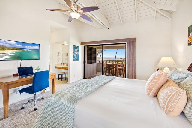 1565 Pee Rd Unit 221, Koloa, HI 96756 - bedroom featuring carpet floors, access to exterior, beamed ceiling, high vaulted ceiling, and ceiling fan