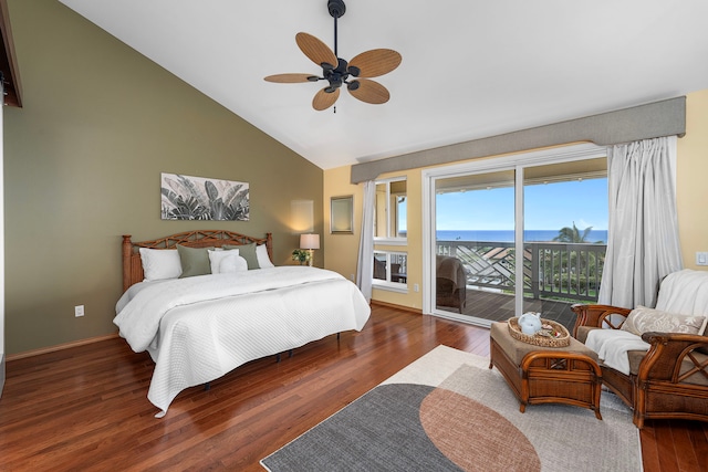 75-6060 Kuakini Hwy Unit B1, Kailua-Kona, HI 96740 - bedroom with access to exterior, high vaulted ceiling, wood finished floors, and a ceiling fan