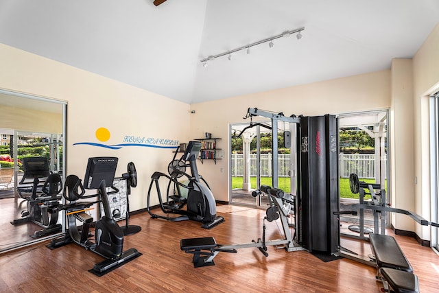 75-6060 Kuakini Hwy Unit B1, Kailua-Kona, HI 96740 - workout area featuring rail lighting, wood finished floors, and high vaulted ceiling