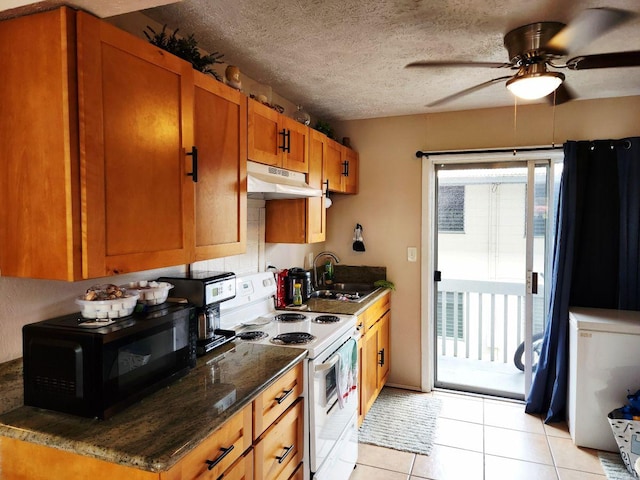 272 Kapiolani St Unit 203, Hilo, HI 96720 - kitchen featuring black microwave, electric range, under cabinet range hood, brown cabinets, and a sink