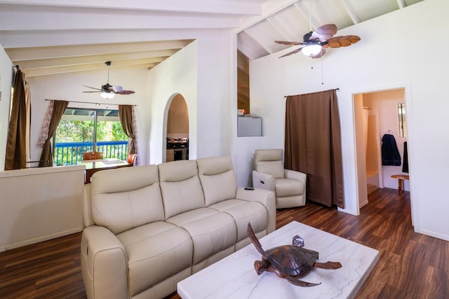 16-2103 Kuleana St, Pahoa, HI 96778 - living area featuring ceiling fan, wood finished floors, beamed ceiling, and high vaulted ceiling