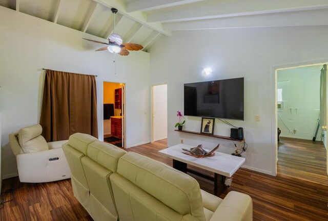 16-2103 Kuleana St, Pahoa, HI 96778 - living room with high vaulted ceiling, wood finished floors, beamed ceiling, and ceiling fan