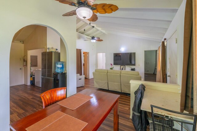 16-2103 Kuleana St, Pahoa, HI 96778 - dining room with a ceiling fan, wood finished floors, and arched walkways