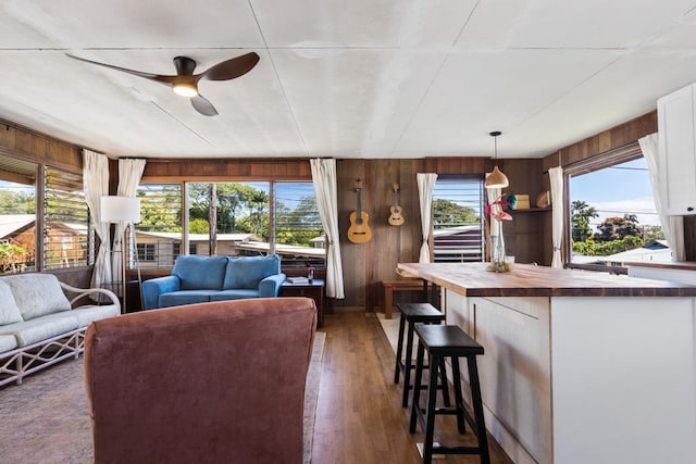 35 Pono St, Hilo, HI 96720 - living room with a ceiling fan, wood finished floors, and wooden walls