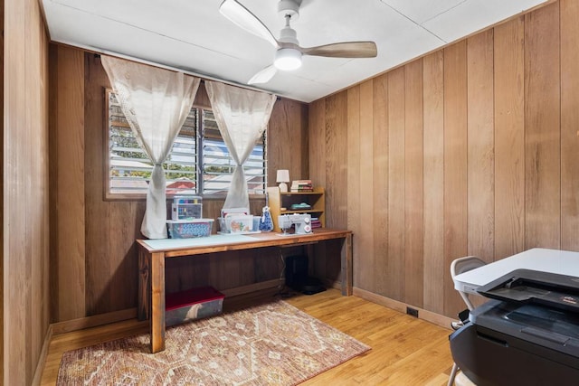 35 Pono St, Hilo, HI 96720 - office area featuring wood walls, a ceiling fan, and light wood-style floors