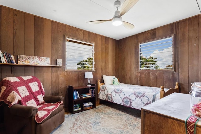 35 Pono St, Hilo, HI 96720 - bedroom with multiple windows, wooden walls, and a ceiling fan
