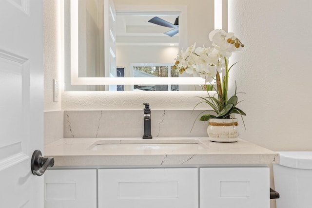 16-2068 Bamboo Dr, Pahoa, HI 96778 - bathroom view of vanity, toilet, tasteful backsplash, and a textured wall