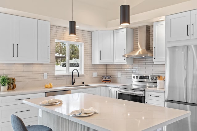 16-2068 Bamboo Dr, Pahoa, HI 96778 - kitchen featuring appliances with stainless steel finishes, a sink, wall chimney exhaust hood, backsplash, and white cabinetry