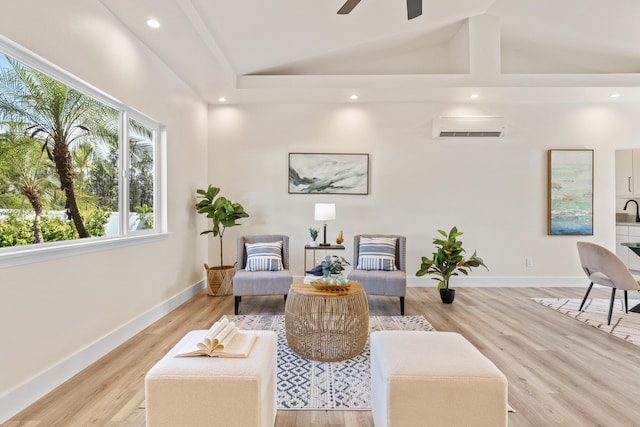 16-2068 Bamboo Dr, Pahoa, HI 96778 - living area featuring a wall mounted AC, lofted ceiling, baseboards, ceiling fan, and recessed lighting