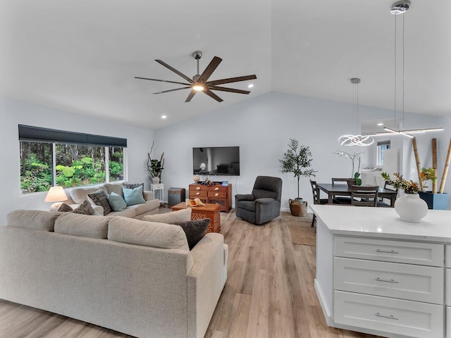 11-3073 Puolani St, Volcano, HI 96785 - living room featuring ceiling fan, vaulted ceiling, light wood finished floors, and recessed lighting