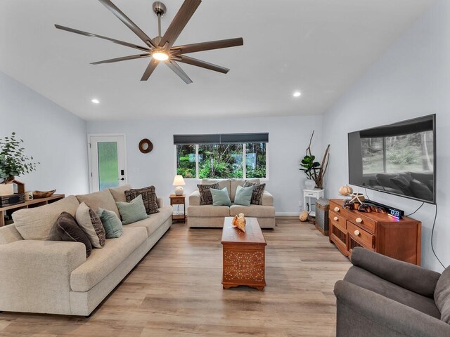 11-3073 Puolani St, Volcano, HI 96785 - living room featuring vaulted ceiling, ceiling fan, recessed lighting, light wood-style floors, and baseboards