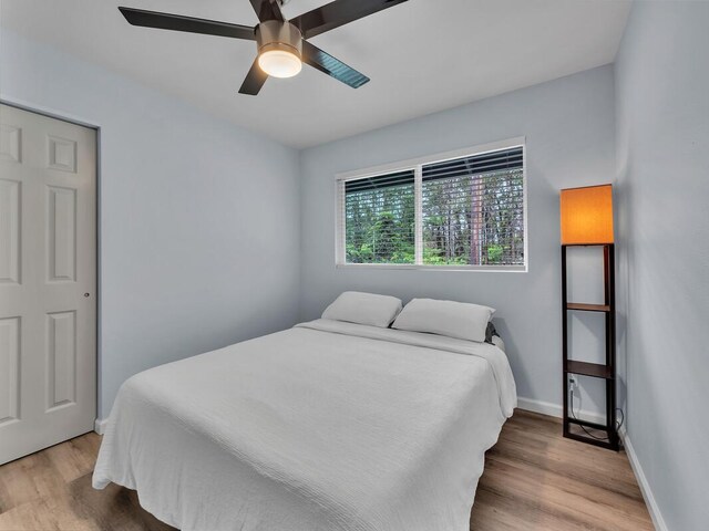 11-3073 Puolani St, Volcano, HI 96785 - bedroom with light wood-type flooring, a ceiling fan, and baseboards
