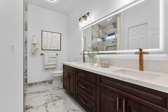 15-1770 10th Ave, Keaau, HI 96749 - bathroom featuring double vanity, a marble finish shower, toilet, marble finish flooring, and baseboards