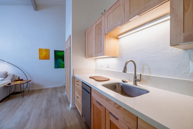 78-7039 Kamehameha Iii Rd Unit 148, Kailua-Kona, HI 96740 - kitchen featuring a sink, stainless steel dishwasher, light wood-type flooring, light countertops, and light brown cabinets