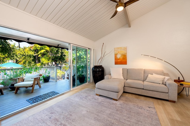 78-7039 Kamehameha Iii Rd Unit 148, Kailua-Kona, HI 96740 - living room with a ceiling fan, wood finished floors, vaulted ceiling, and wood ceiling
