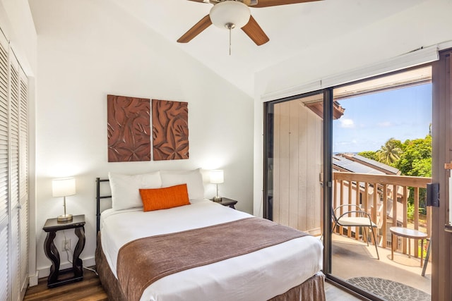 3411 Wilcox Rd Unit F 69, Lihue, HI 96766 - bedroom featuring access to outside, wood finished floors, lofted ceiling, and ceiling fan
