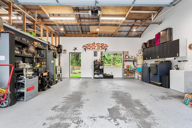 15-2693 Oio St, Pahoa, HI 96778 - garage featuring a garage door opener, washer / dryer, strapped water heater, and fridge