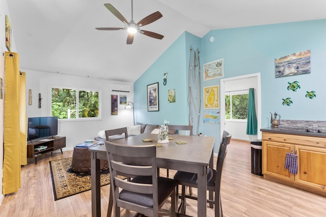 15-2693 Oio St, Pahoa, HI 96778 - dining room with an AC wall unit, a ceiling fan, light wood-style floors, healthy amount of natural light, and high vaulted ceiling
