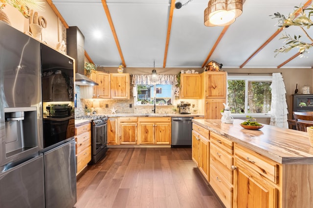 15-2693 Oio St, Pahoa, HI 96778 - kitchen featuring stainless steel appliances, butcher block counters, tasteful backsplash, dark wood-style flooring, and a sink